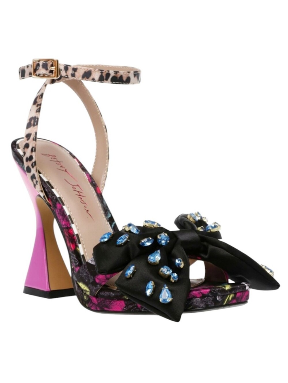 Betsey Johnson Women's High Heel Loise Floral Black Jeweled Bow‎ Sandal NWOB 7